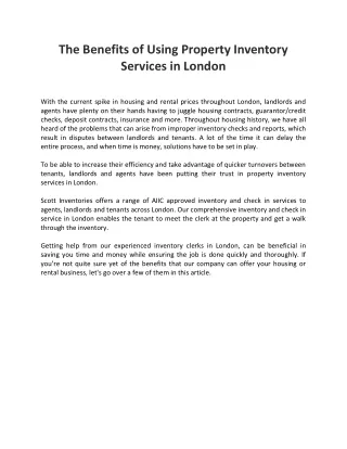 The Benefits of Using Property Inventory Services in London