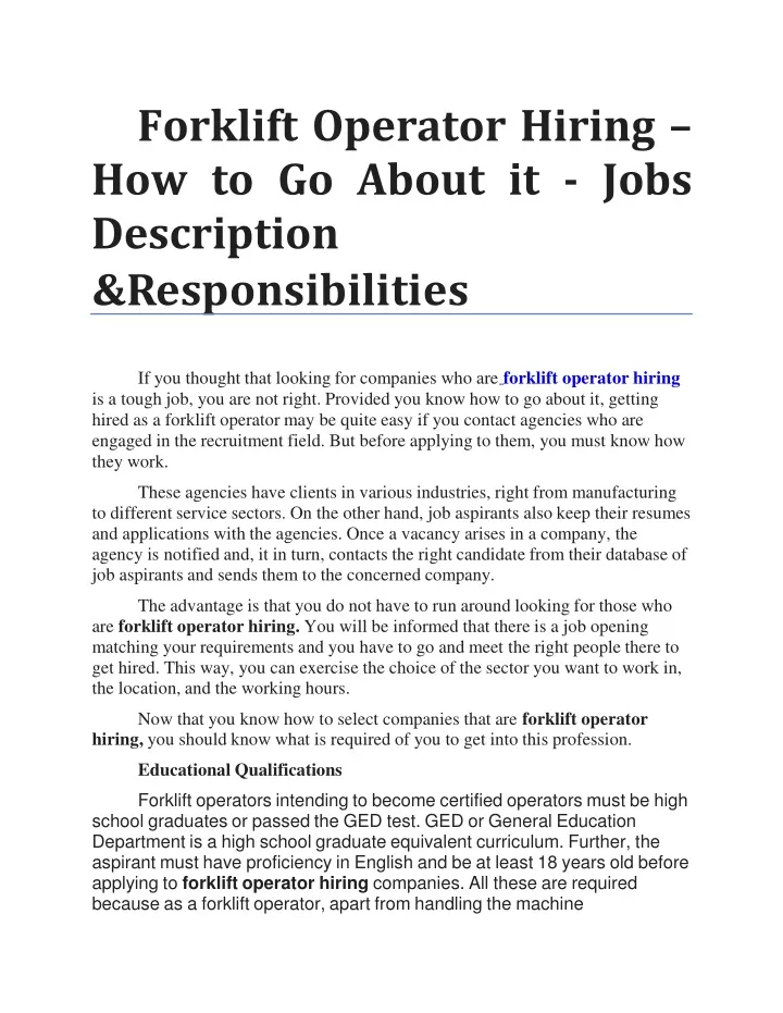 forklift operator hiring how to go about it jobs description
