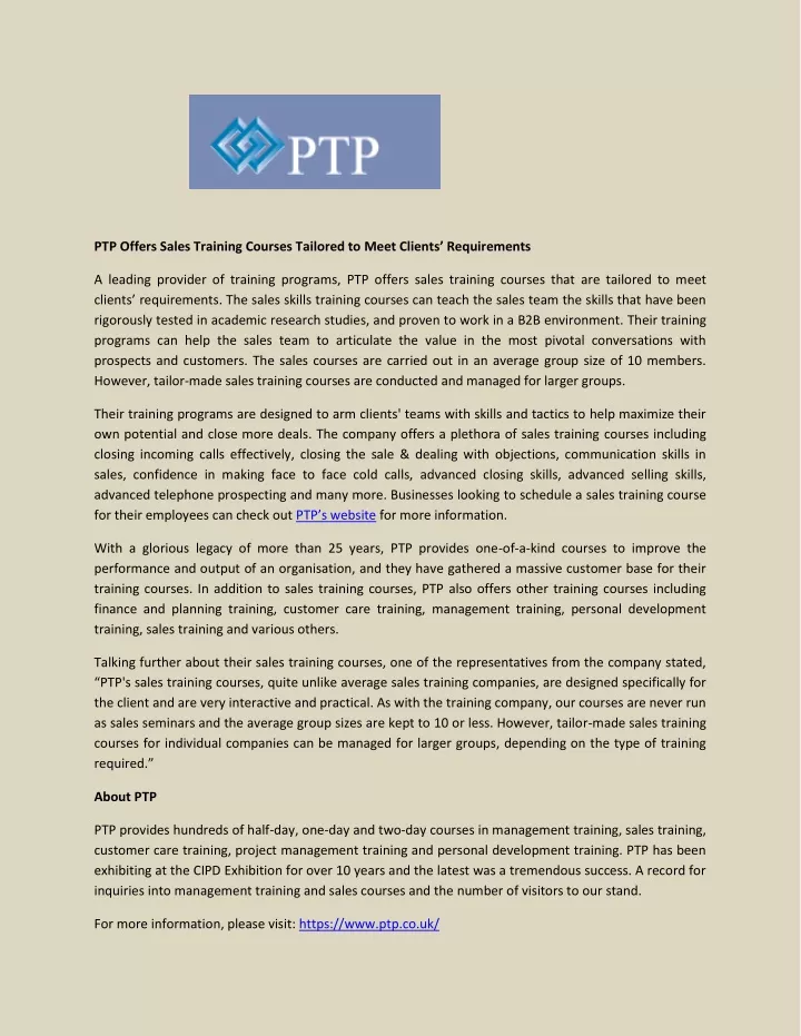 ptp offers sales training courses tailored