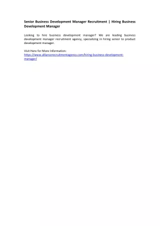Senior Business Development Manager Recruitment - Hiring Business Development Manager