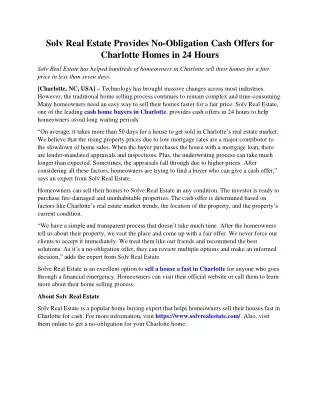 Solv Real Estate Provides No-Obligation Cash Offers for Charlotte Homes in 24 Hours