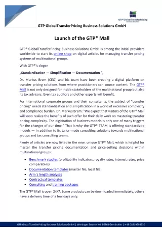 Launch of the GTP® Mall | GTP GlobalTransferPricing
