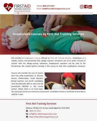 Anaphylaxis courses by First Aid Training Services