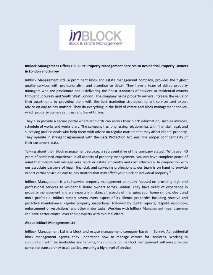 inblock management offers full suite property