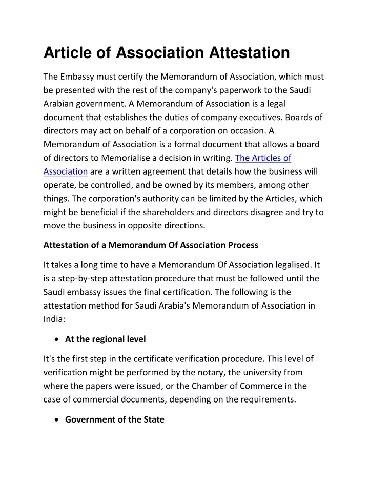 article of association attestation