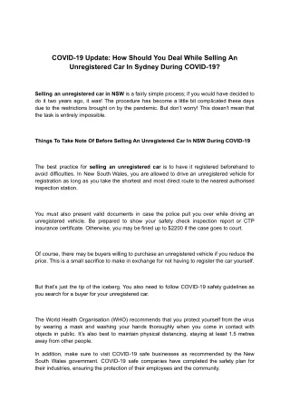 COVID-19 Update How Should You Deal While Selling An Unregistered Car In Sydney During COVID-19