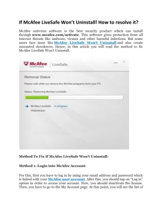 if mcafee livesafe won t uninstall how to resolve