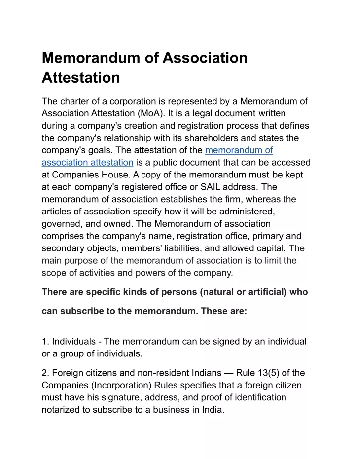 memorandum of association attestation