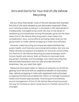 Do's and Don'ts for Your End of Life Vehicle Recycling