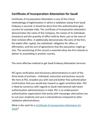 Certificate of Incorporation Attestation for Saudi