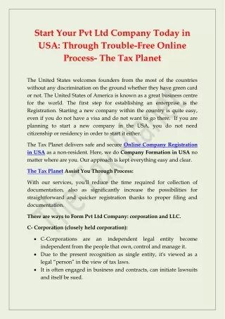 Start Your Pvt Ltd Company Today in USA: Through Trouble-Free Online Process