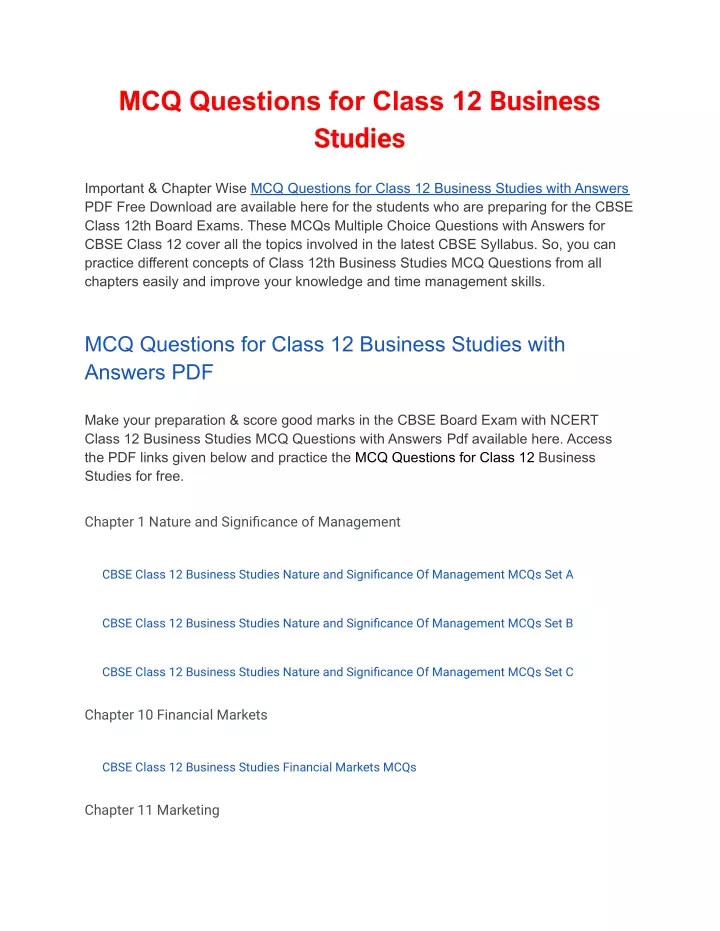 mcq questions for class 12 business studies
