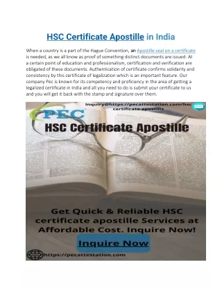 HSC Certificate Apostille in India