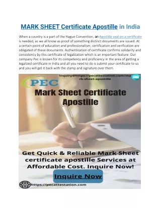 MARK SHEET Certificate Apostille in India