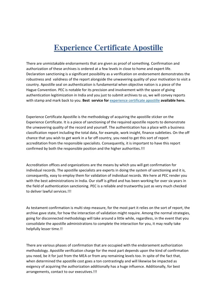 experience certificate apostille