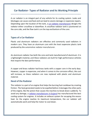 car radiator types of radiator and its working