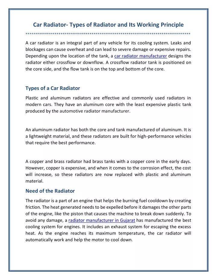 car radiator types of radiator and its working