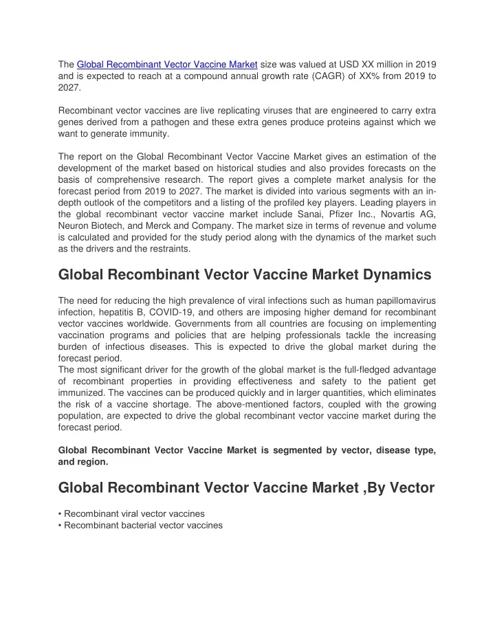 the global recombinant vector vaccine market size