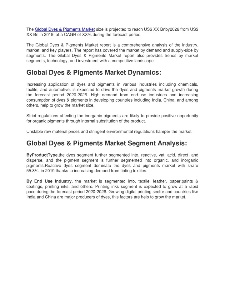 the global dyes pigments market size is projected