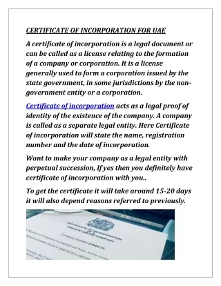 CERTIFICATE OF INCORPORATION FOR UAE