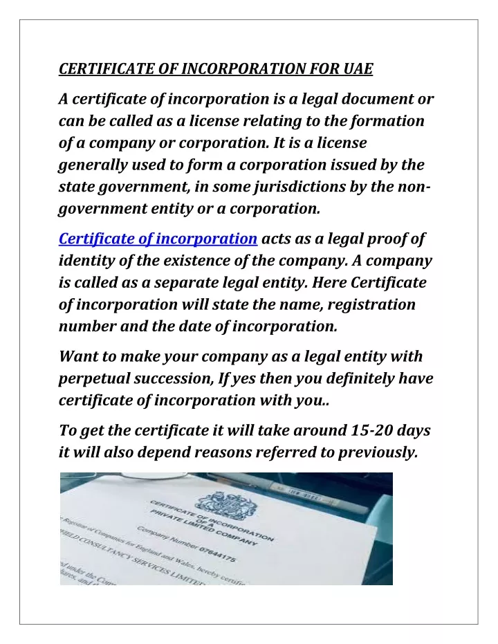 certificate of incorporation for uae