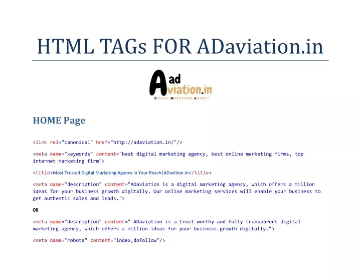 html tags for adaviation in