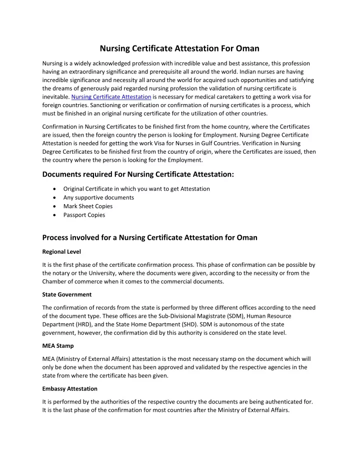 nursing certificate attestation for oman