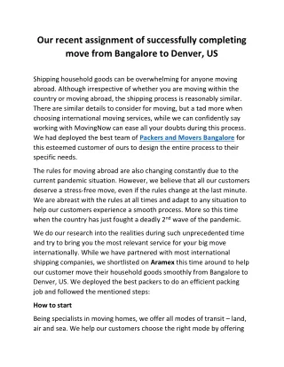 Our recent assignment of successfully completing move from Bangalore to Denver, US