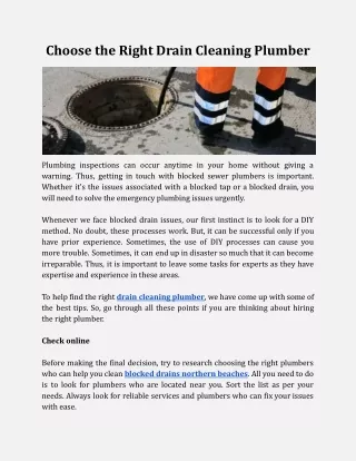 Choose the Right Drain Cleaning Plumber