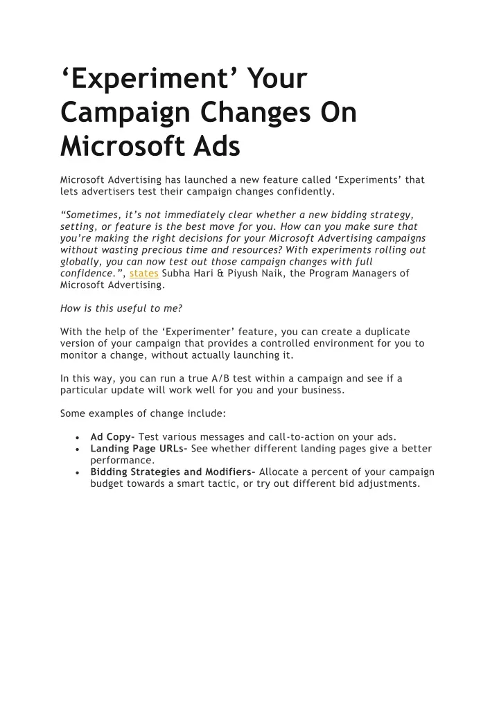 experiment your campaign changes on microsoft ads