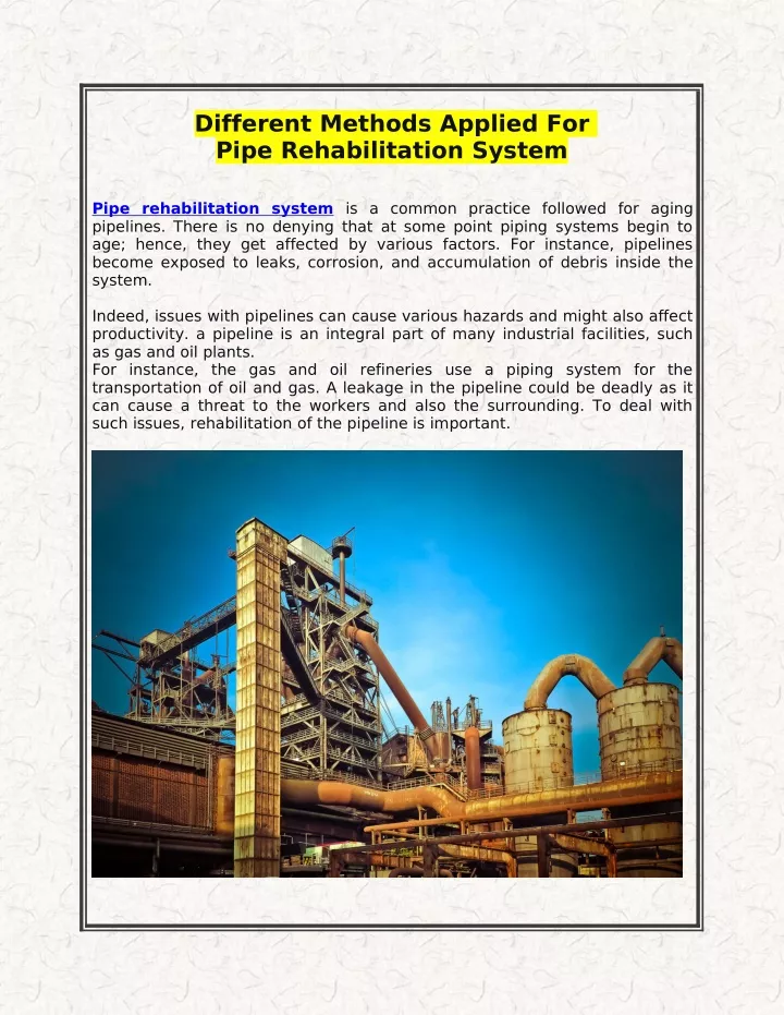 different methods applied for pipe rehabilitation