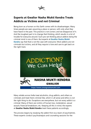 Experts at Gwalior Nasha Mukti Kendra Treats Addicts as Victims and not Criminal