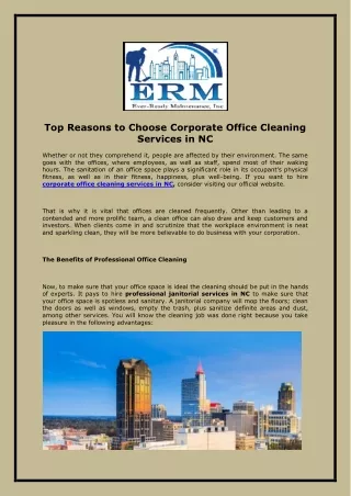 Top Reasons to Choose Corporate Office Cleaning Services in NC