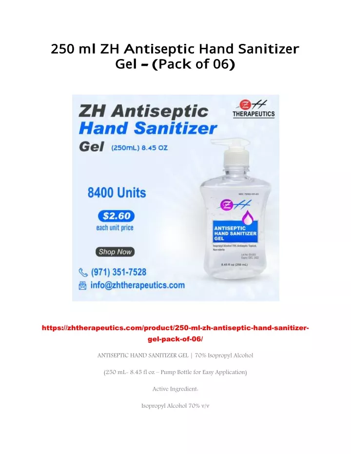 250 ml zh a ntiseptic hand sanitizer