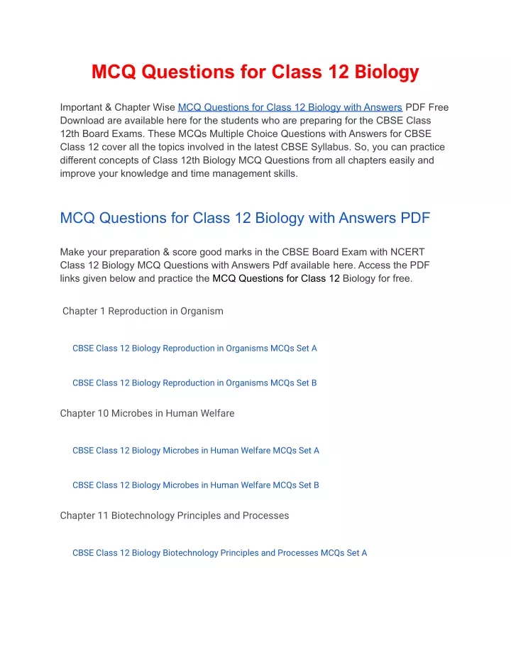 mcq questions for class 12 biology