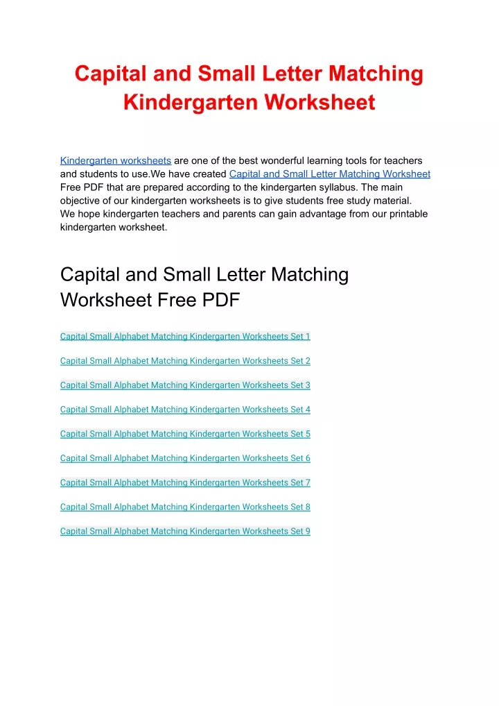 capital and small letter matching kindergarten