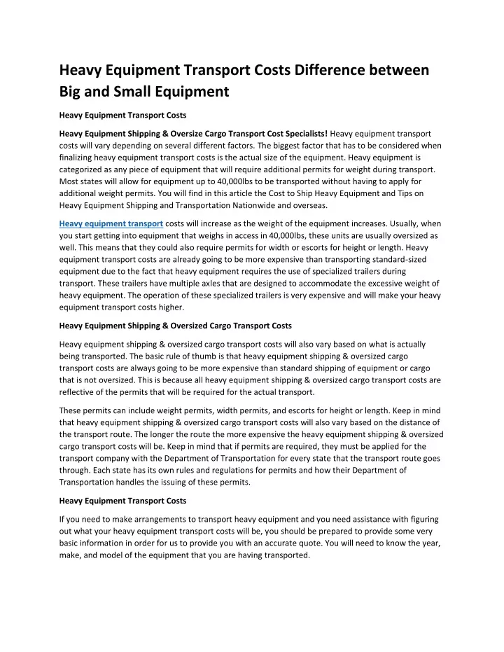 heavy equipment transport costs difference