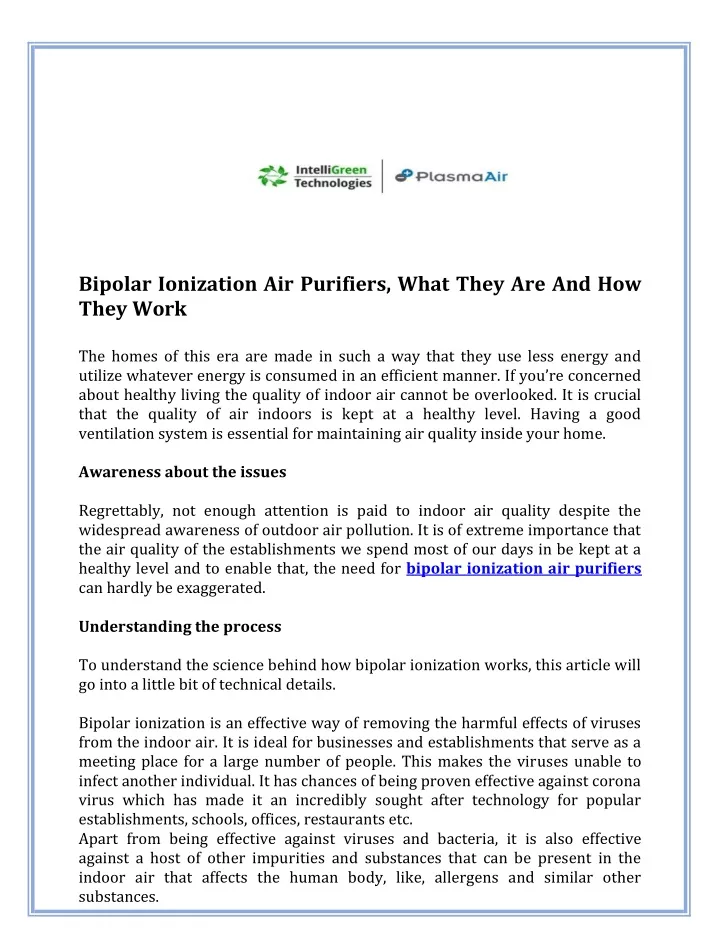 bipolar ionization air purifiers what they