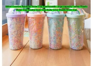 550ml Creative Rainbow Straw Cup Fashionable Large-capacity Ladies Plastic Water Cup Double-layer Cup Body Color Beads D