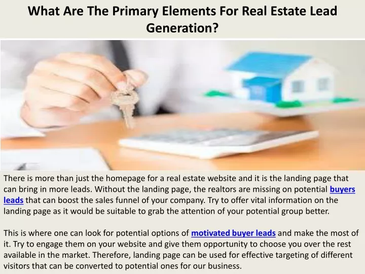 what are the primary elements for real estate lead generation