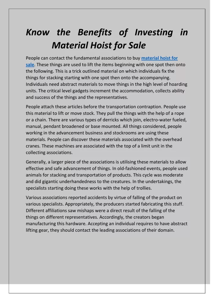 know the benefits of investing in material hoist