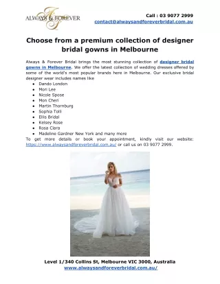 Choose from a premium collection of designer bridal gowns in Melbourne