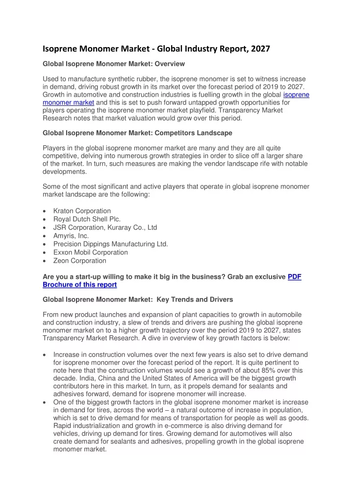 isoprene monomer market global industry report