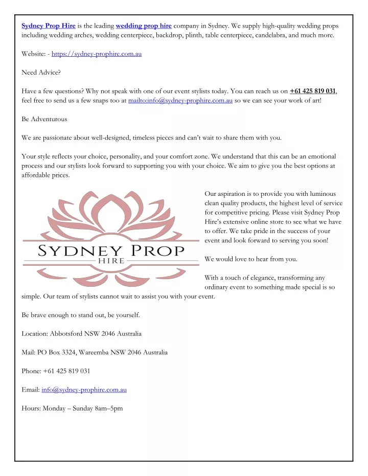 sydney prop hire is the leading wedding prop hire