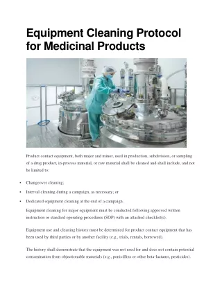 Equipment Cleaning Protocol for Medicinal Products