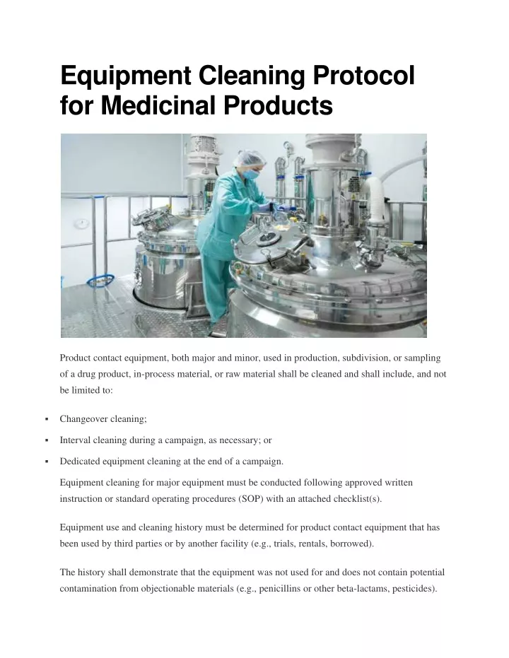 equipment cleaning protocol for medicinal products