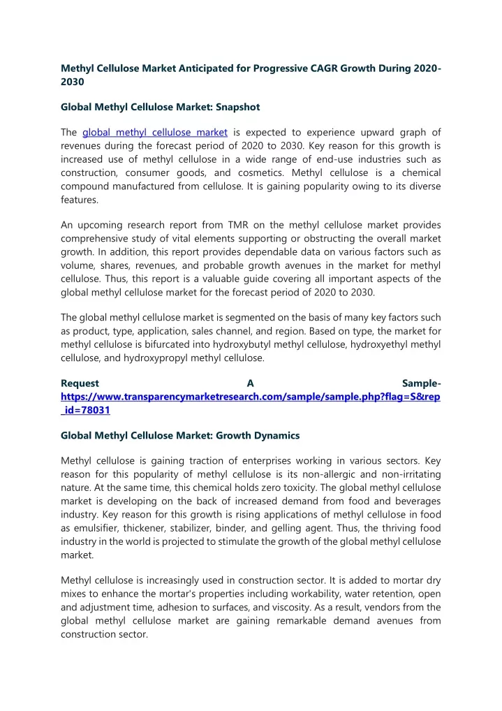 methyl cellulose market anticipated