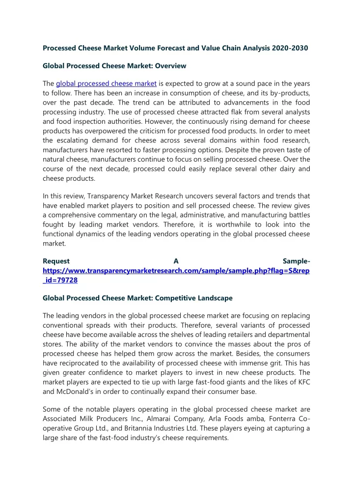 processed cheese market volume forecast and value