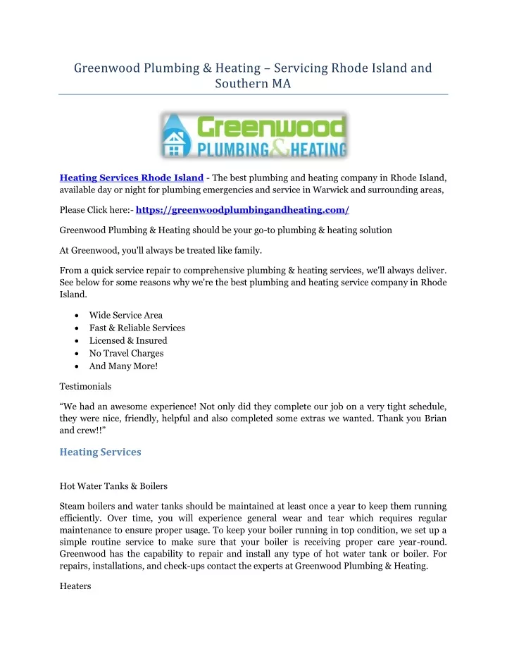 greenwood plumbing heating servicing rhode island