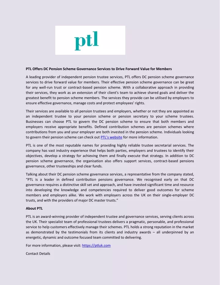 ptl offers dc pension scheme governance services